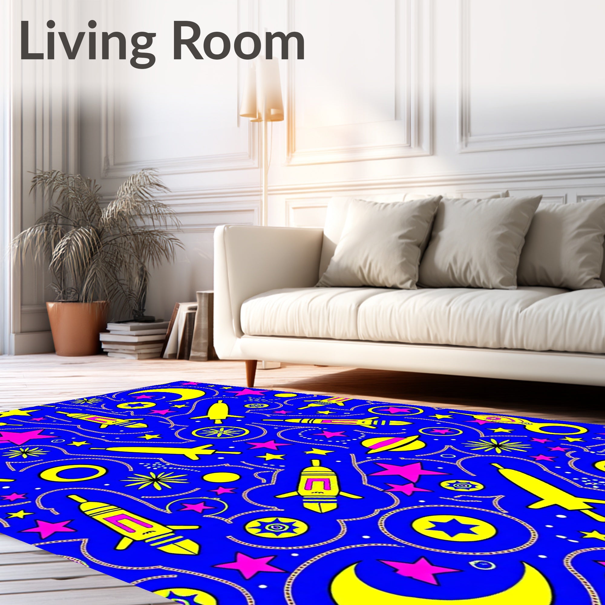 Cosmic Yellow Rocket Moon Stars Rug