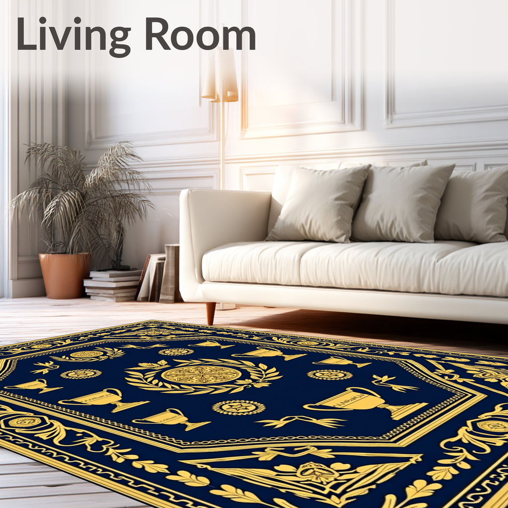 Navy Gold Trophy Laurel Emblem Rug
