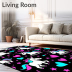 Whimsical Unicorn Hearts Stars Black Rug