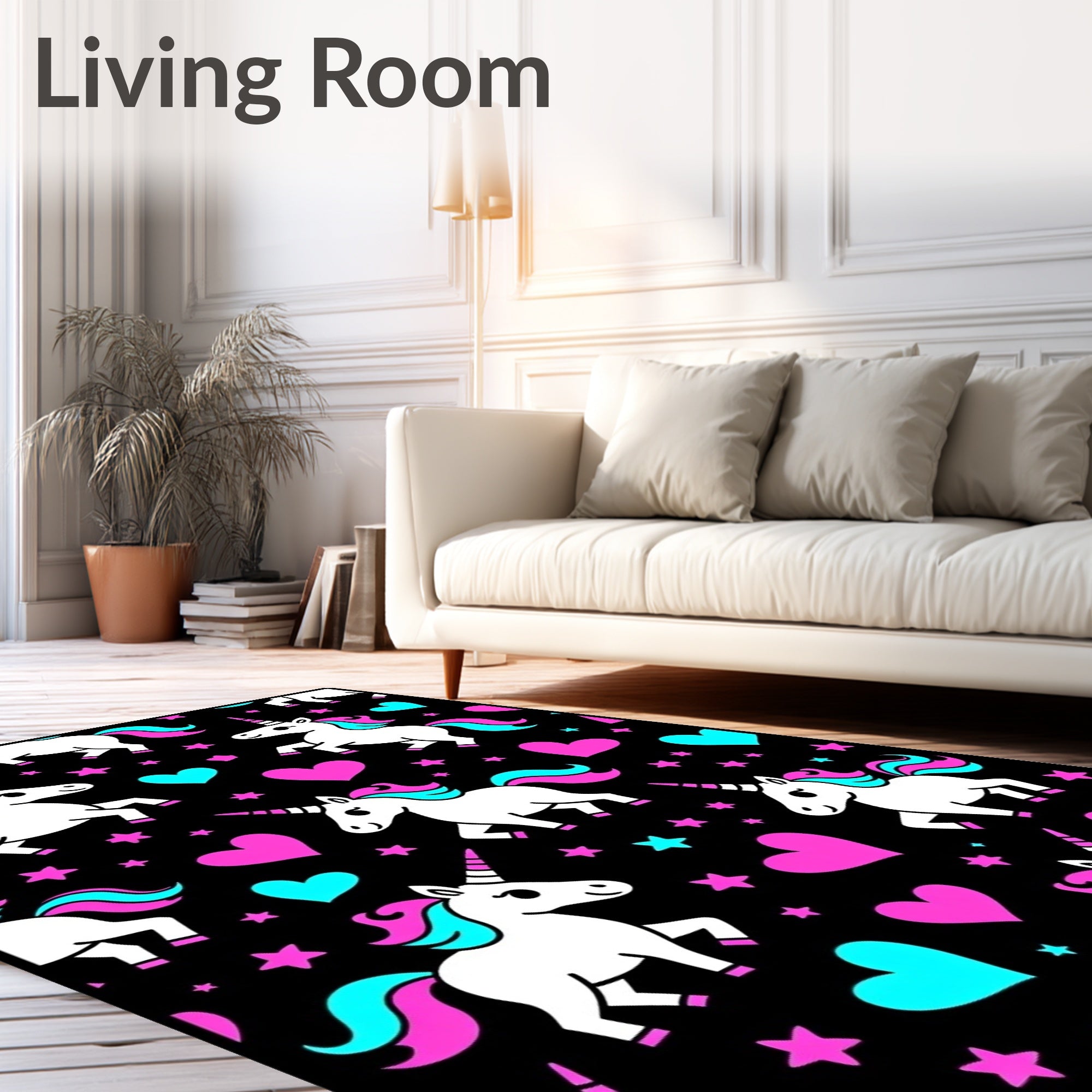Whimsical Unicorn Hearts Stars Black Rug
