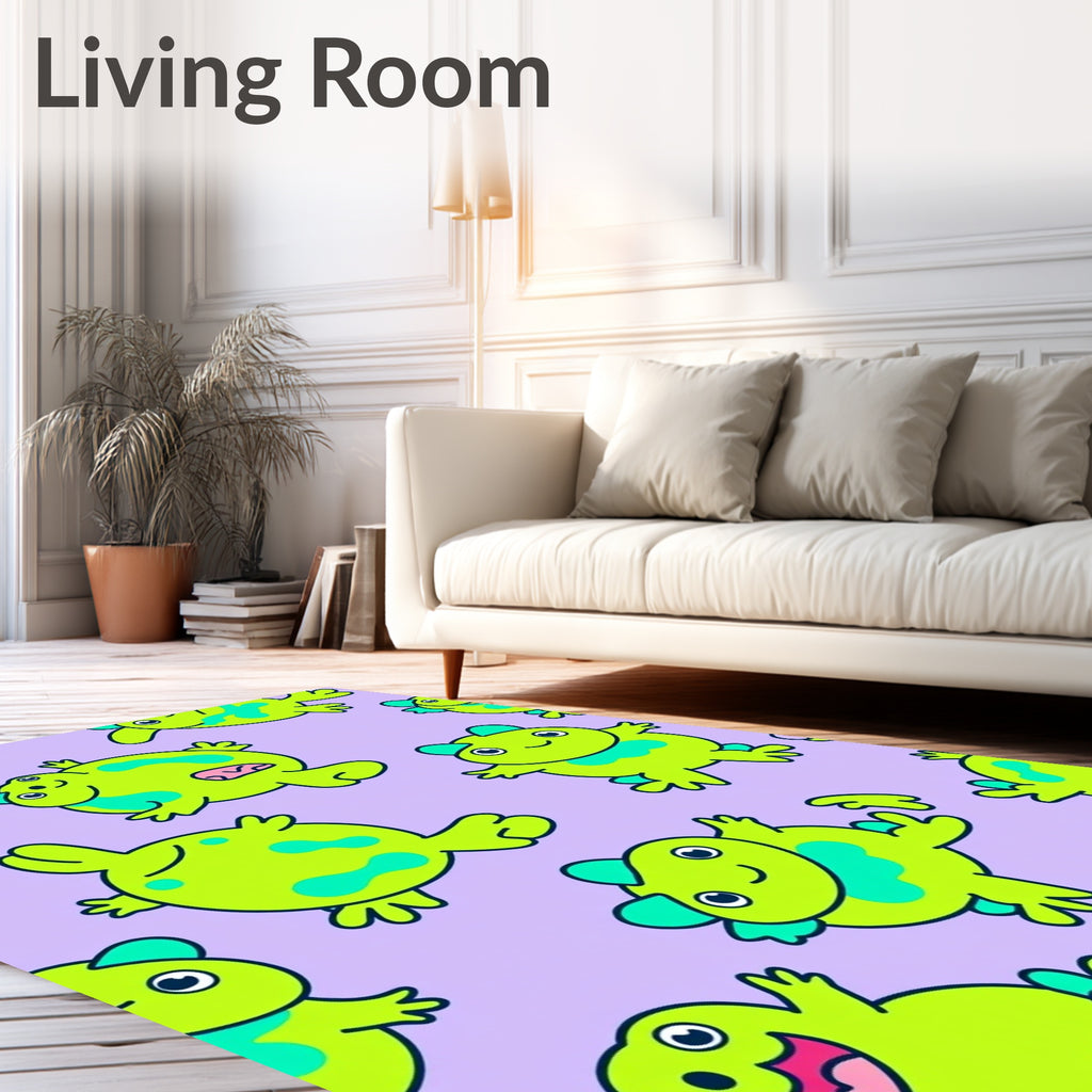 Playful Green Frogs Lavender Background Rug