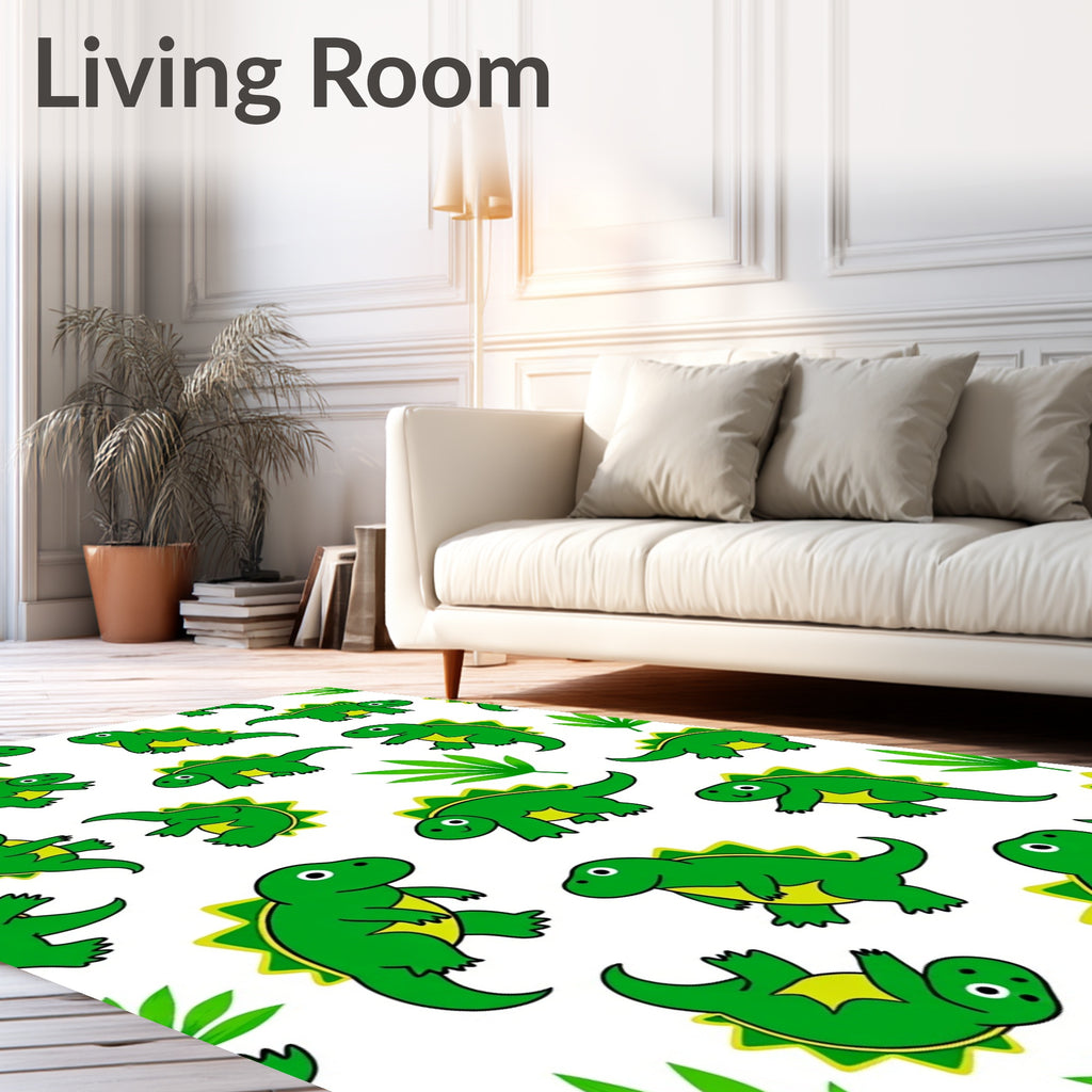 Playful Green Dinosaur Jungle Scene Rug