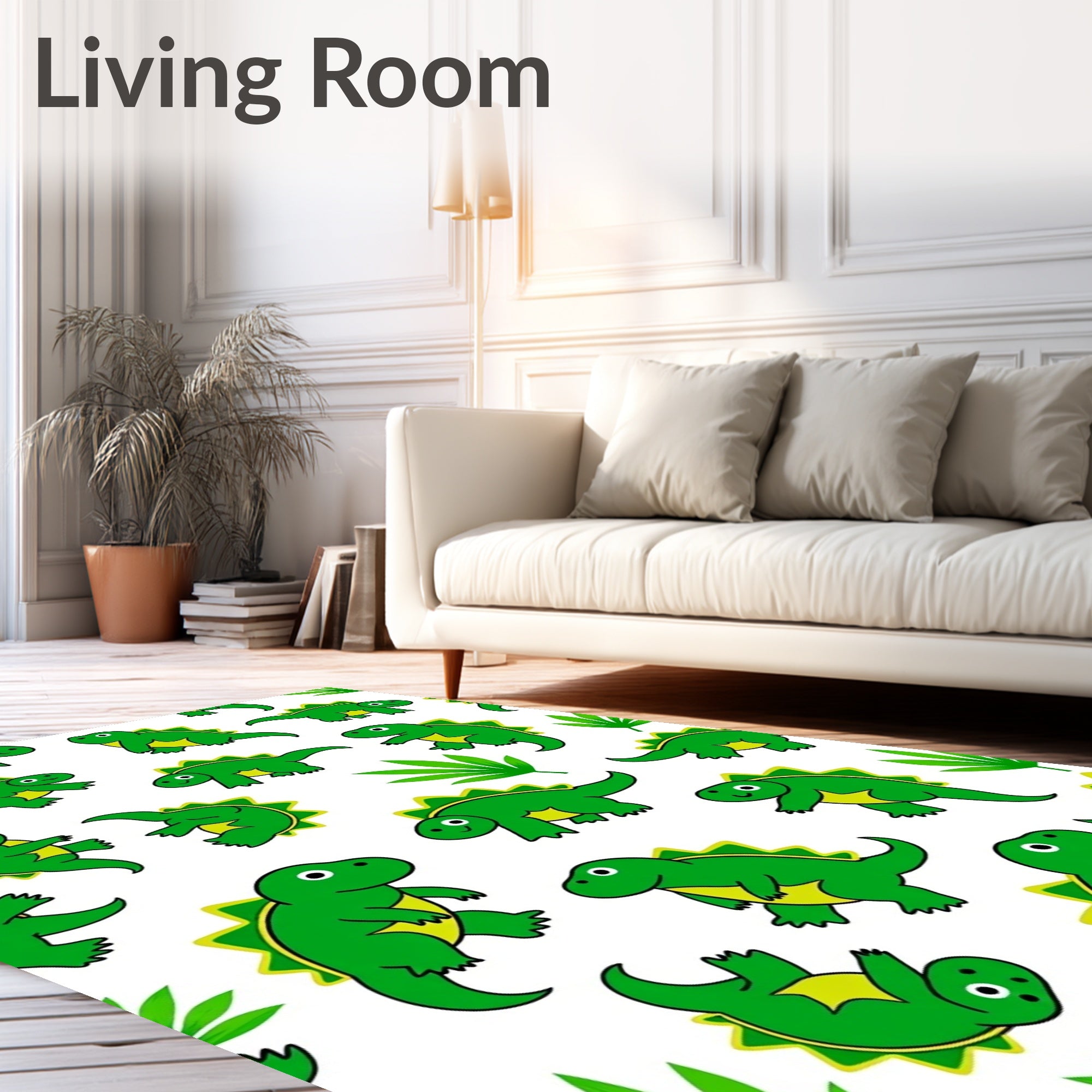 Playful Green Dinosaur Jungle Scene Rug