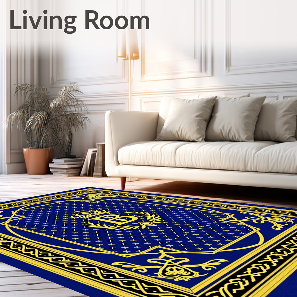 Regal Blue Gold Crown Emblem Rug