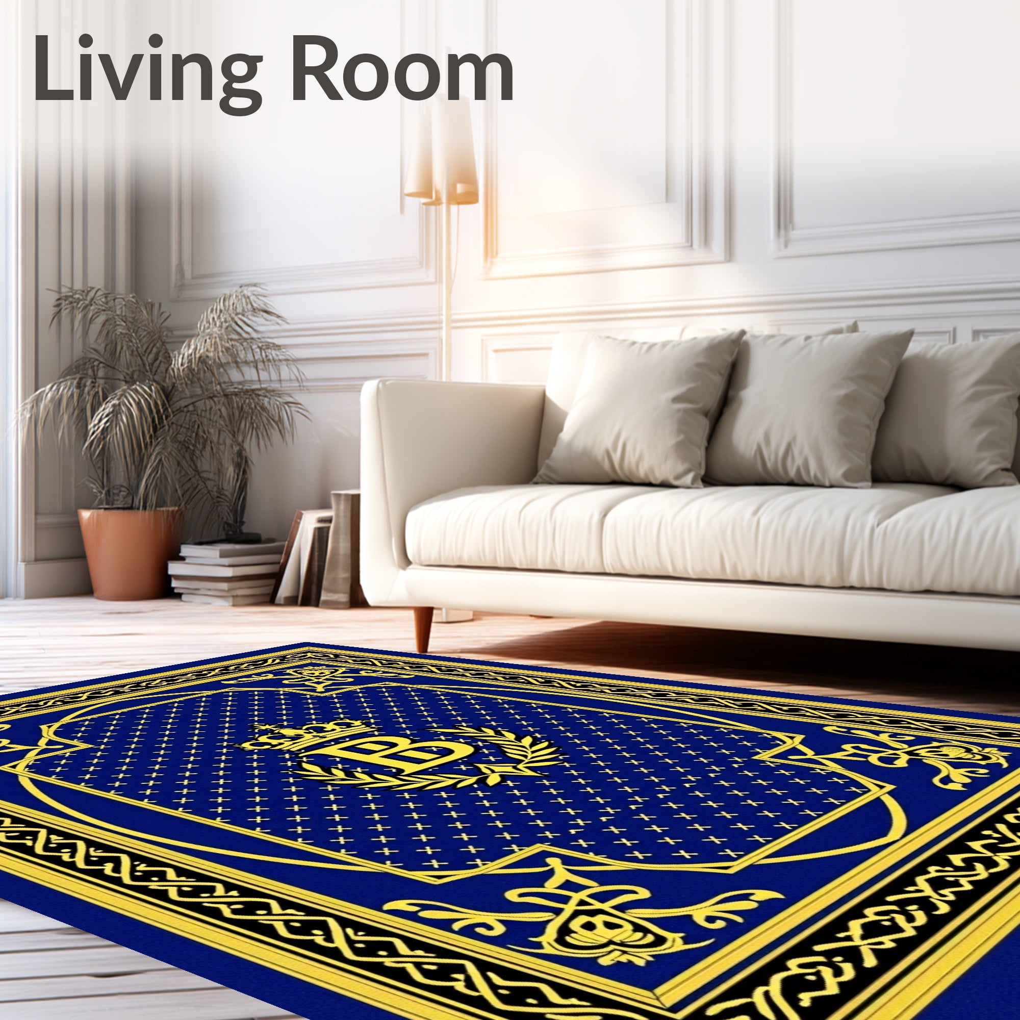 Regal Blue Gold Crown Emblem Rug