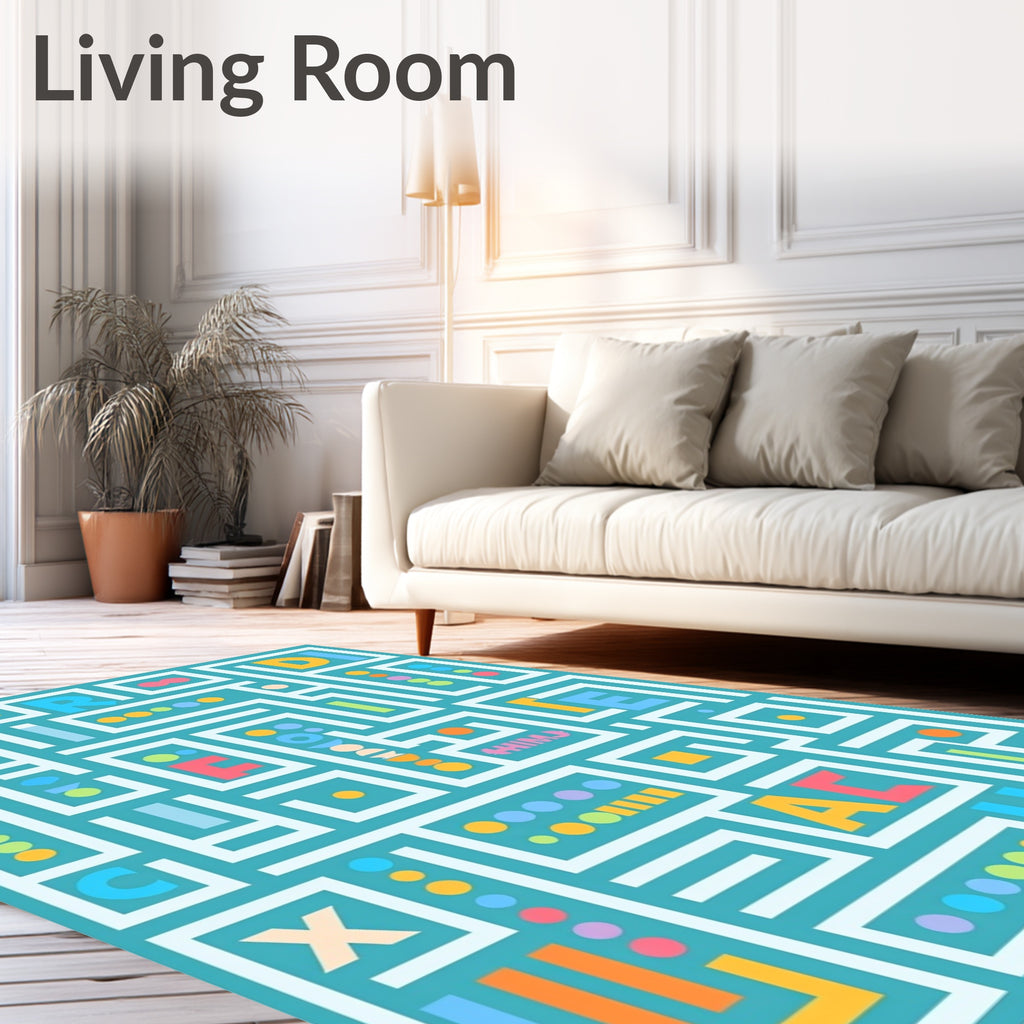 Playful Teal Maze Alphabet Blocks Rug
