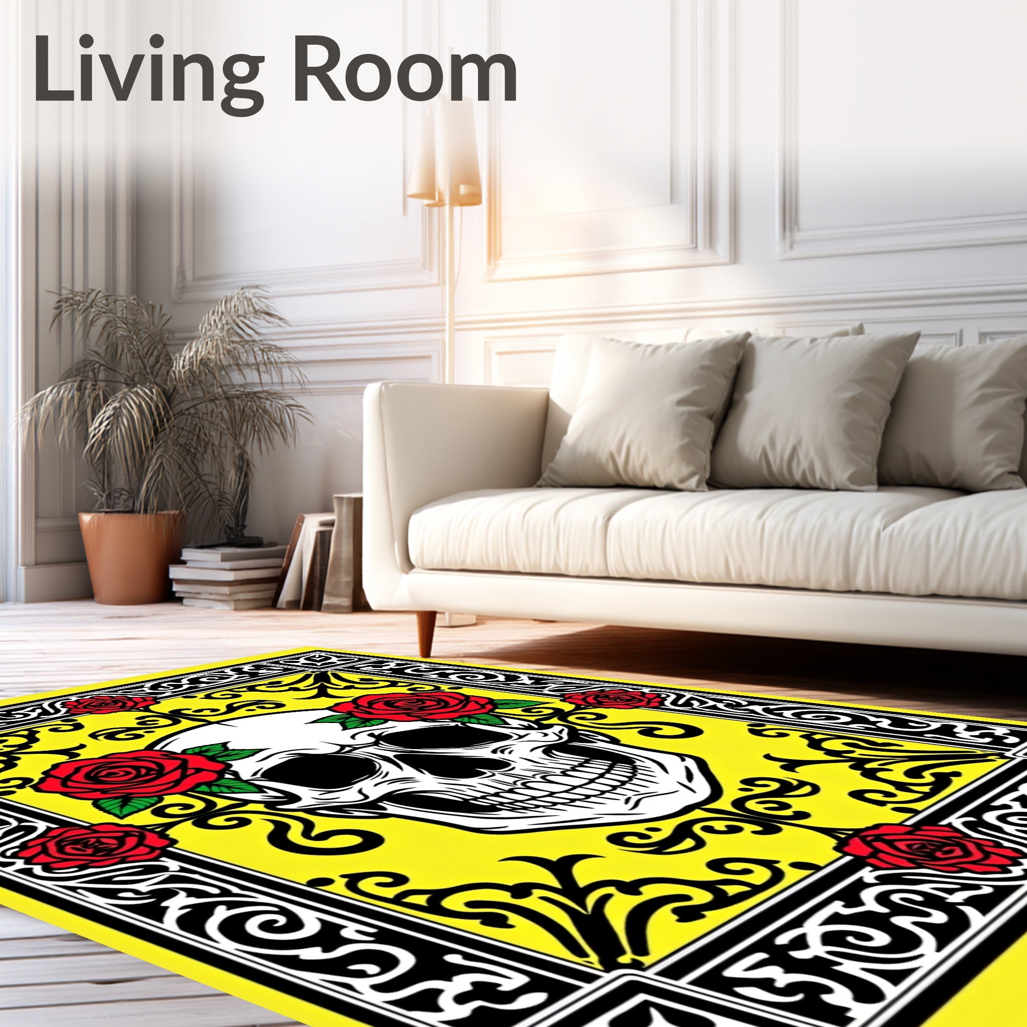Bold Red Rose Skull Yellow Floral Rug