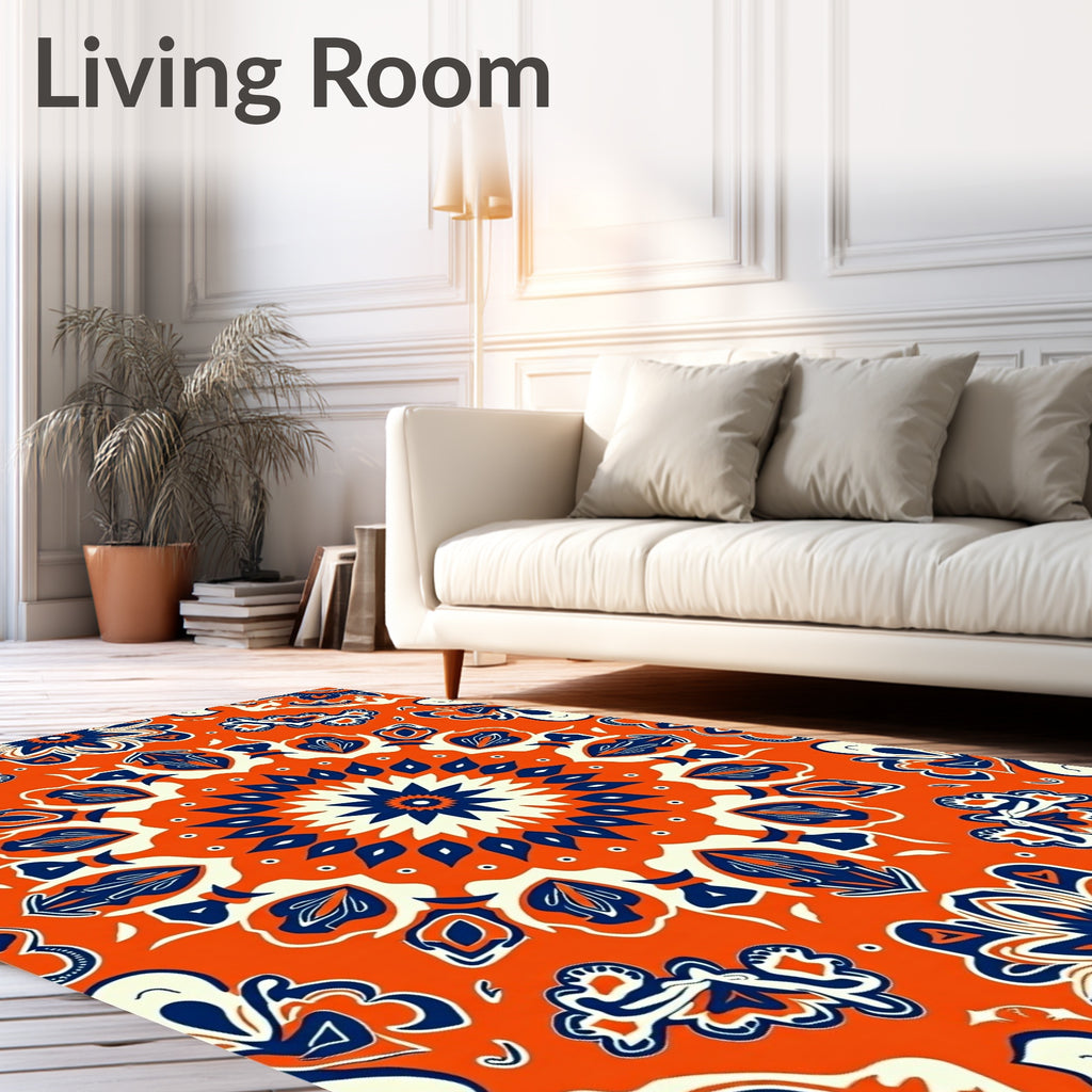 Vibrant Orange Navy Floral Medallion Rug