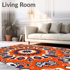 Vibrant Orange Navy Floral Medallion Rug