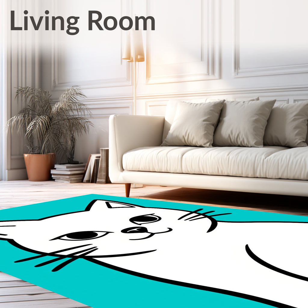 Minimalist White Cat Aqua Background Rug
