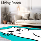 Minimalist White Cat Aqua Background Rug