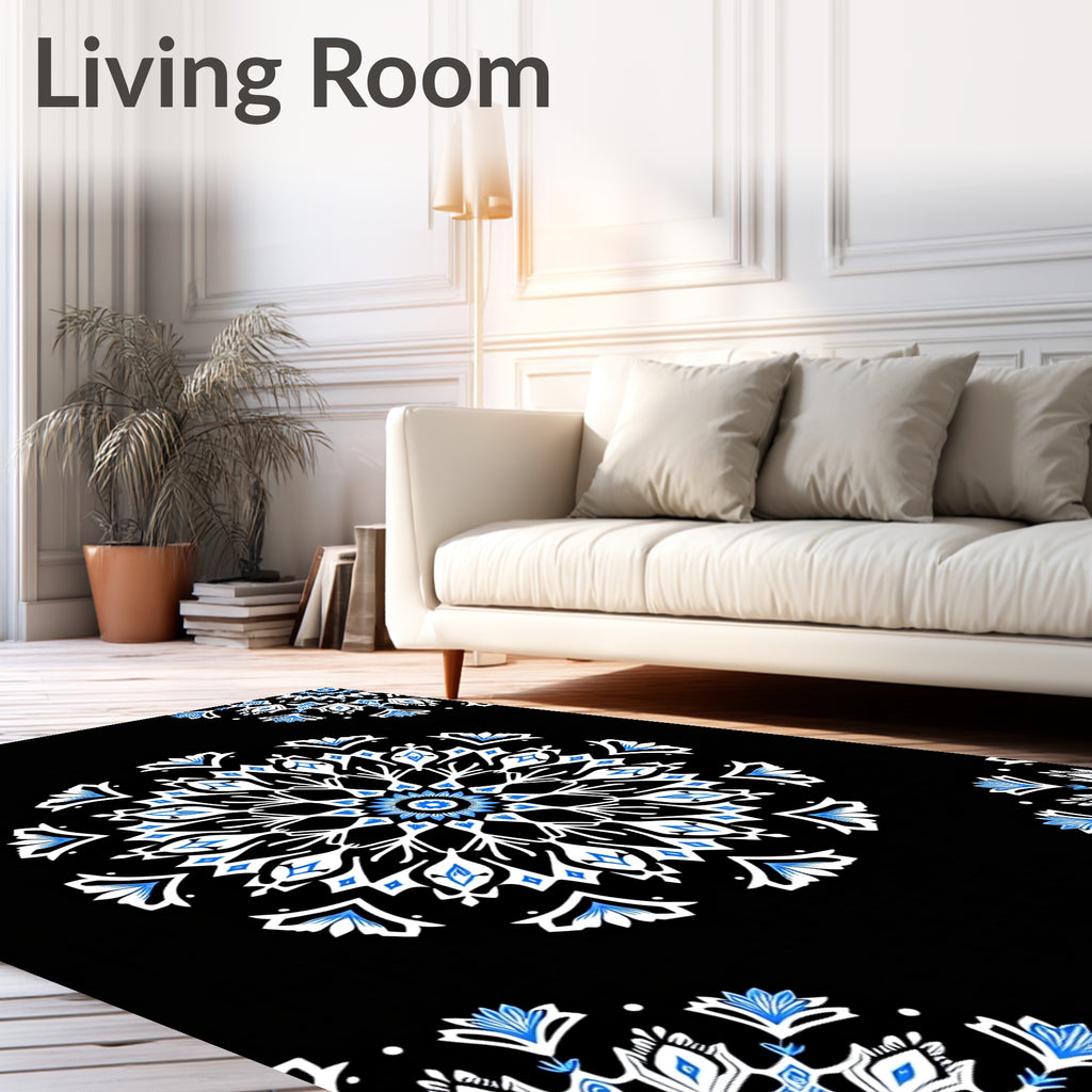 Black White Blue Floral Mandala Rug