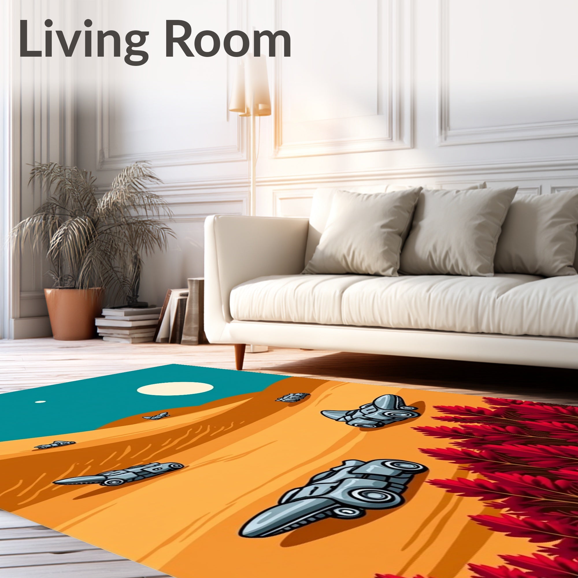 Surreal Desert Landscape Spaceship Field Rug