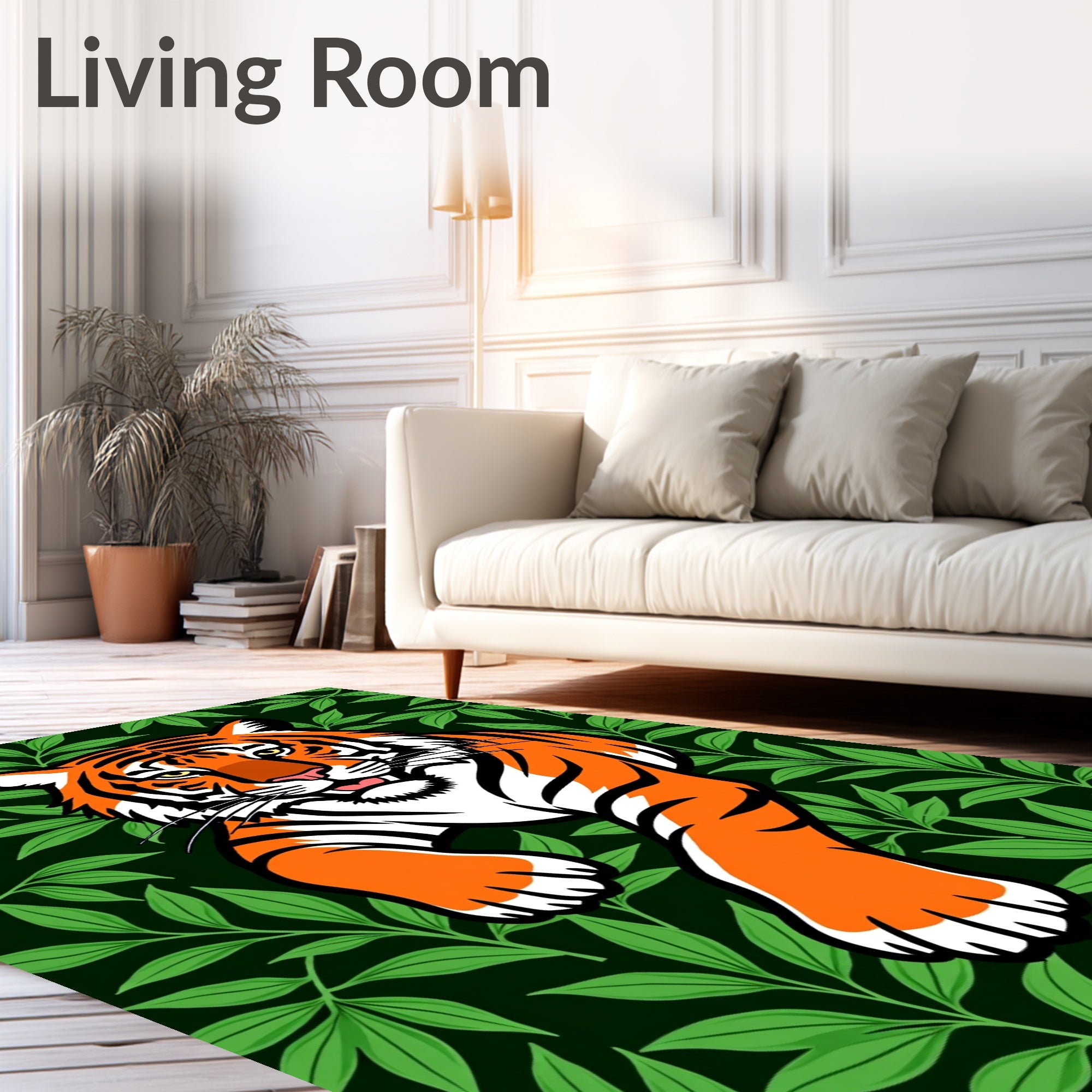 Bold Orange Tiger Jungle Leaves Rug