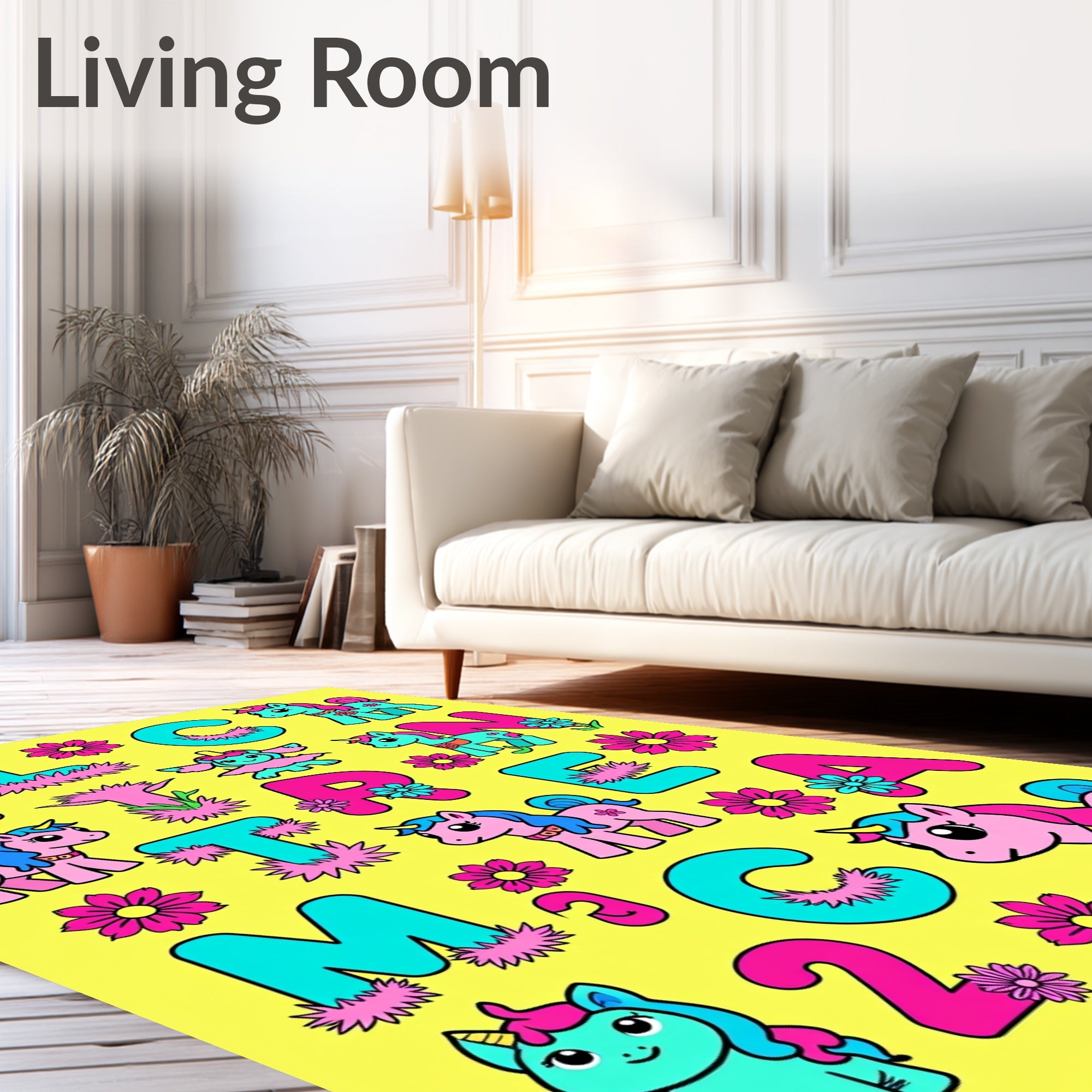 Pink Blue Unicorn Flowers Alphabet Kids Rug