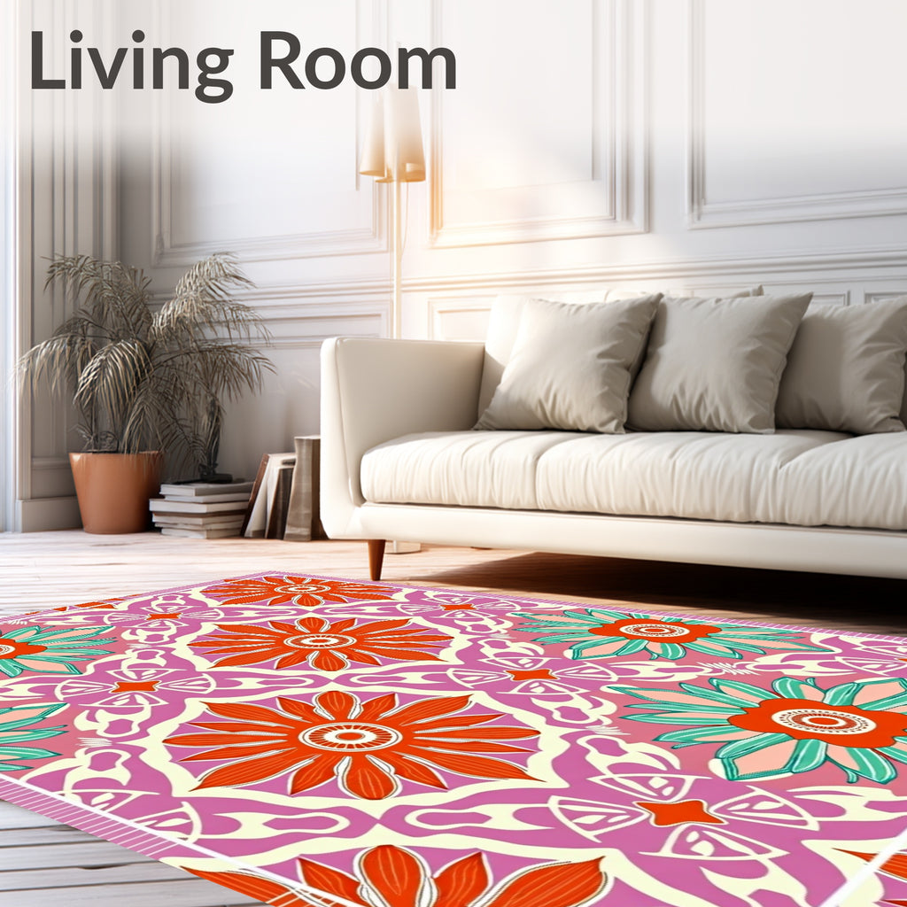 Vibrant Fuchsia Orange Floral Mandala Rug