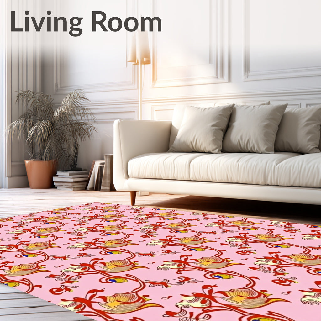 Whimsical Red Floral Vine Pink Rug