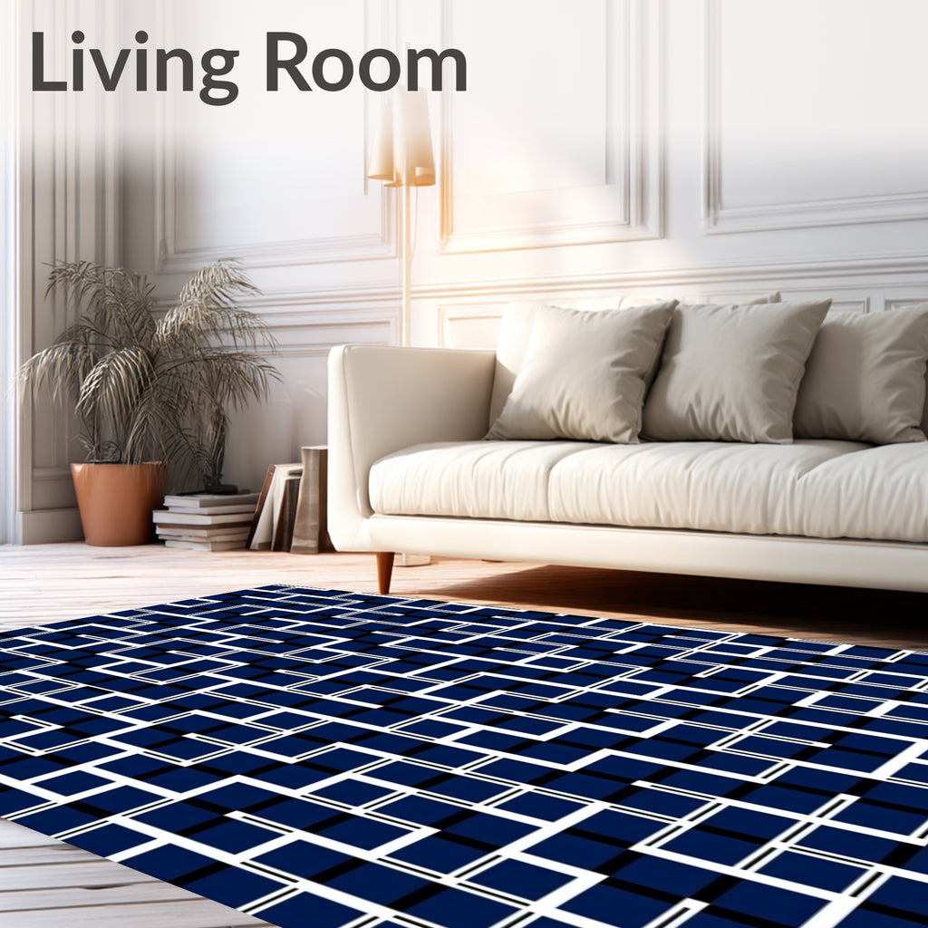 Modern Navy White Geometric Grid Rug