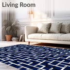 Modern Navy White Geometric Grid Rug