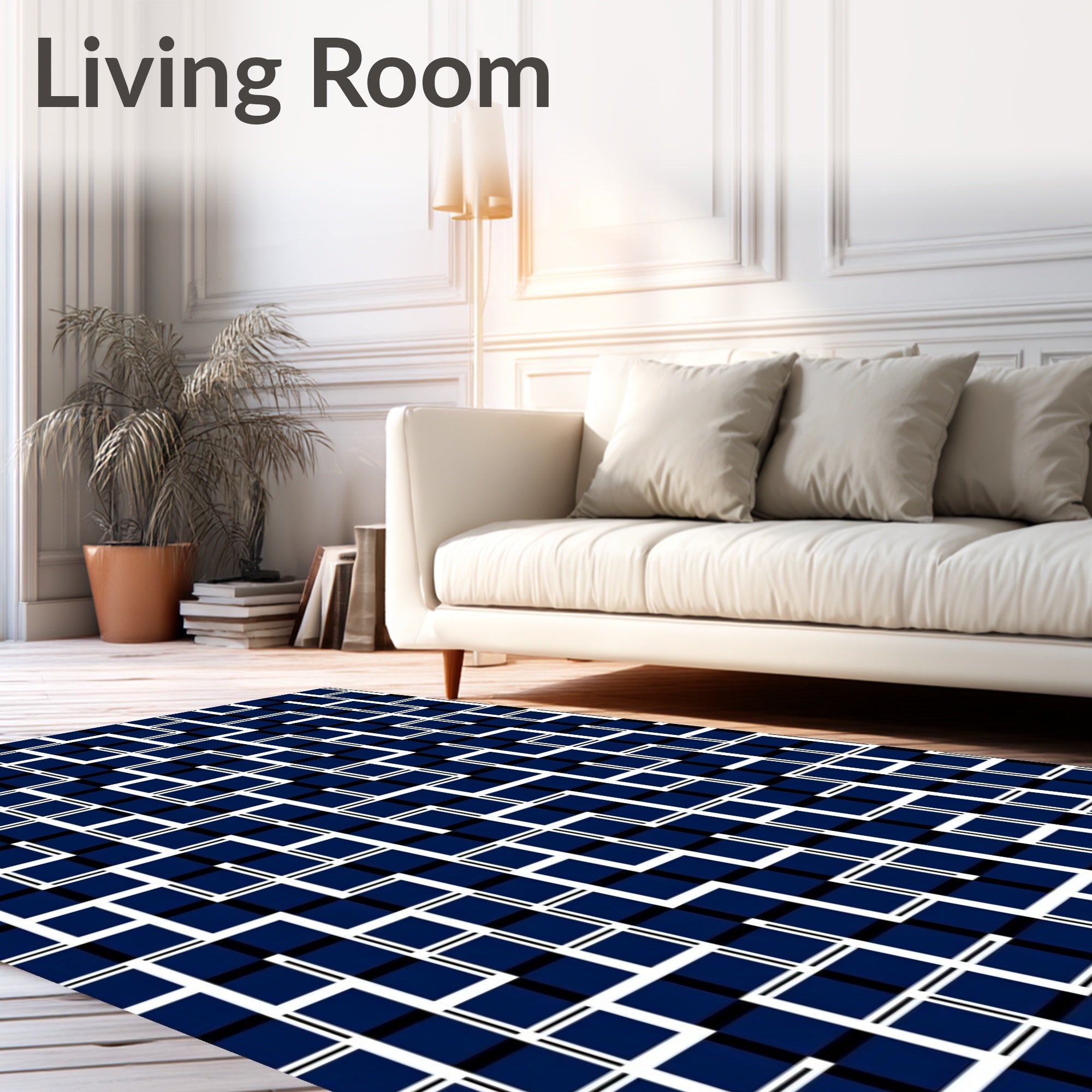 Modern Navy White Geometric Grid Rug