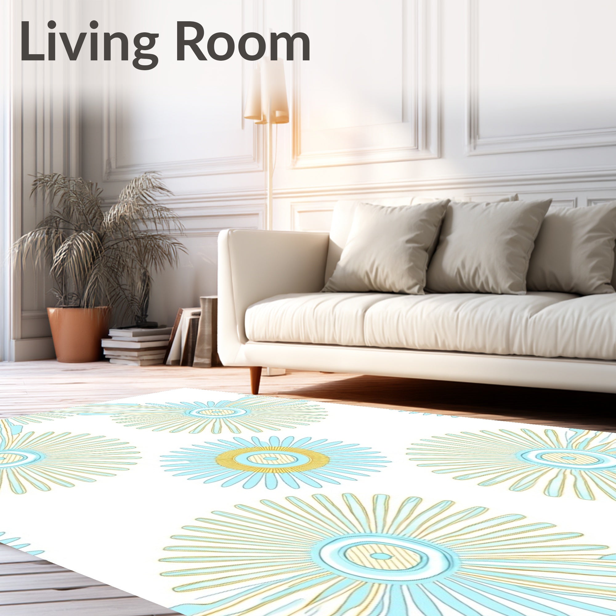 Sky Blue Yellow Sunburst Medallion Rug