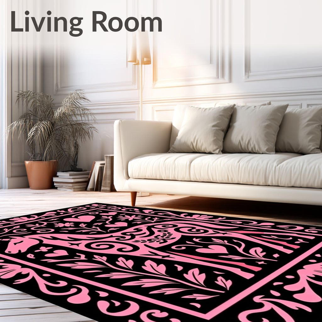 Pink Unicorn Hearts Floral Border Rug