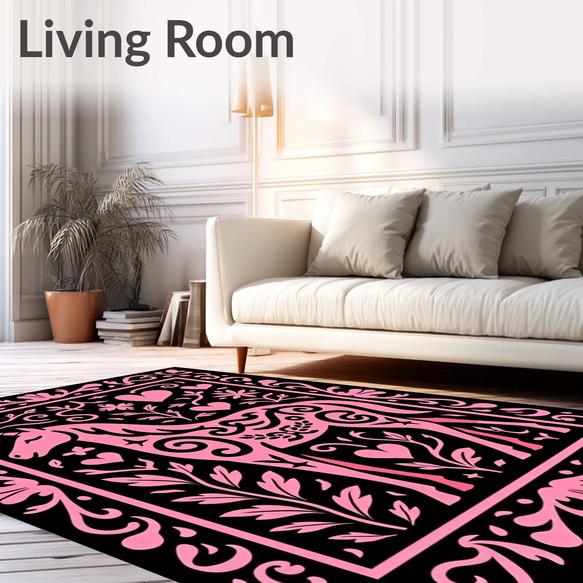 Pink Unicorn Hearts Floral Border Rug