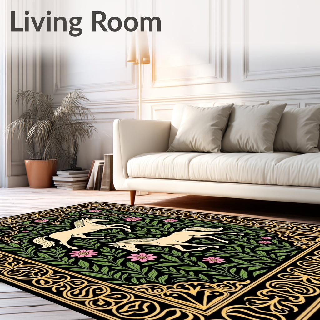 Cream Horses Pink Flowers Green Foliage Rug