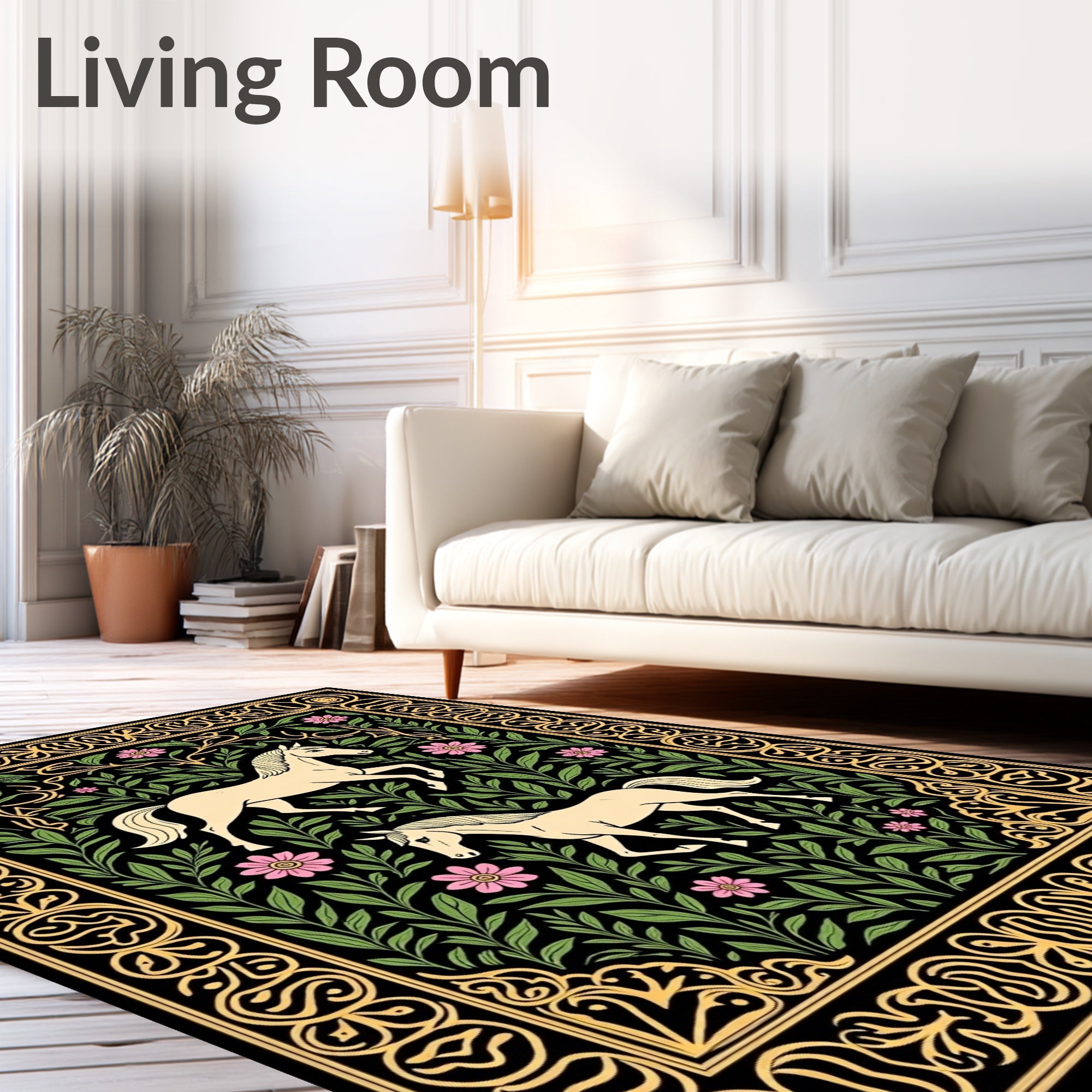Cream Horses Pink Flowers Green Foliage Rug