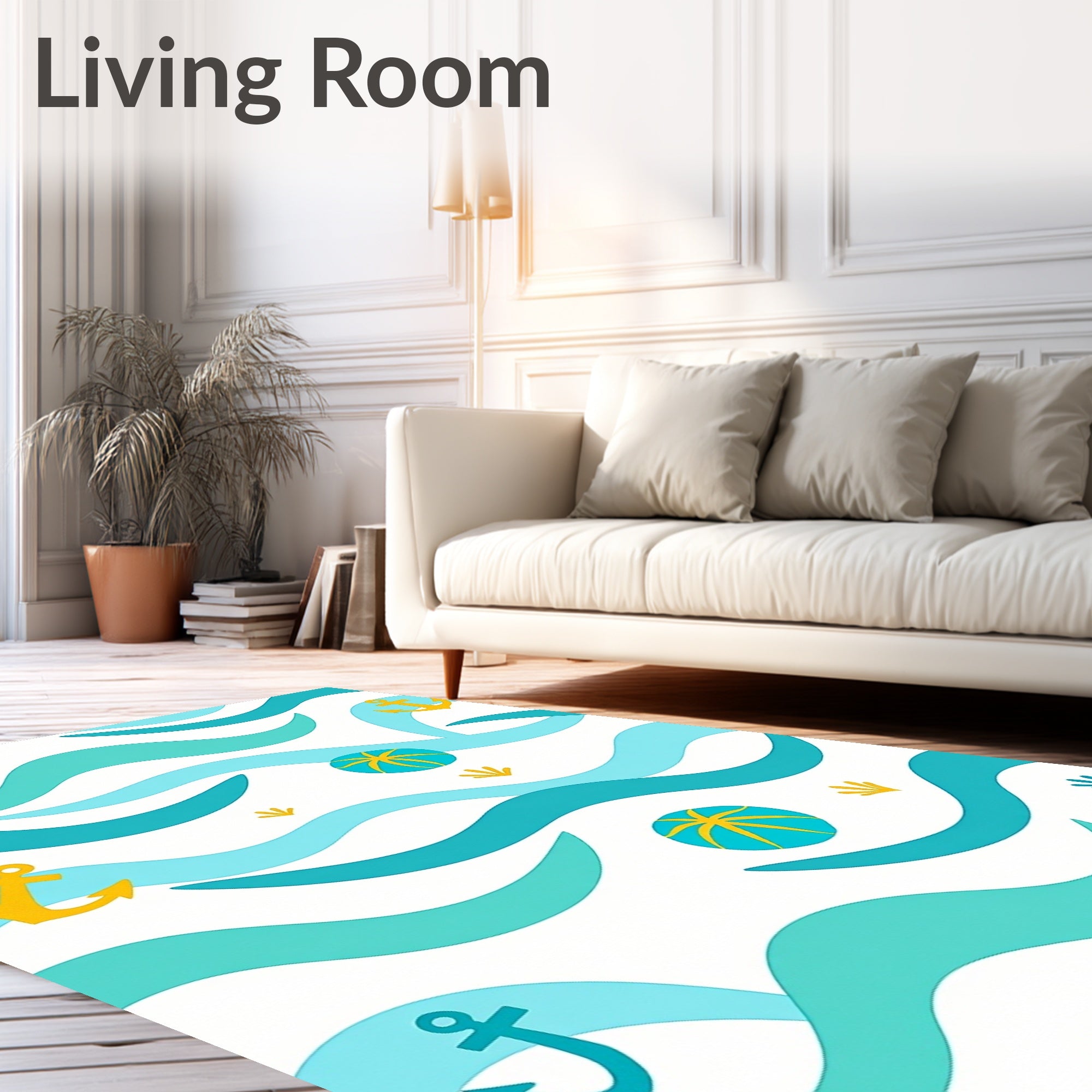 Ocean Waves with Golden Anchors Rug
