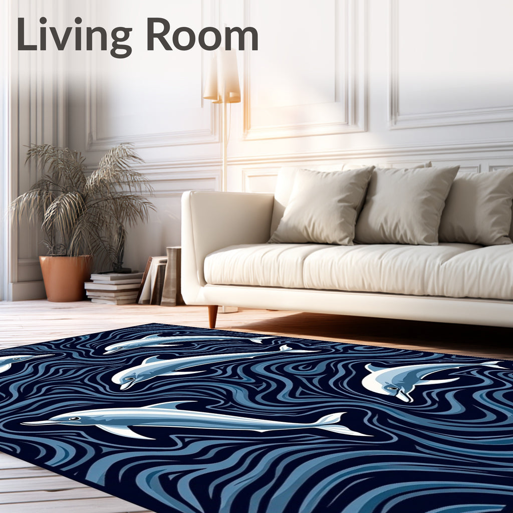 Ocean Dolphins Swirling Navy Waves Rug