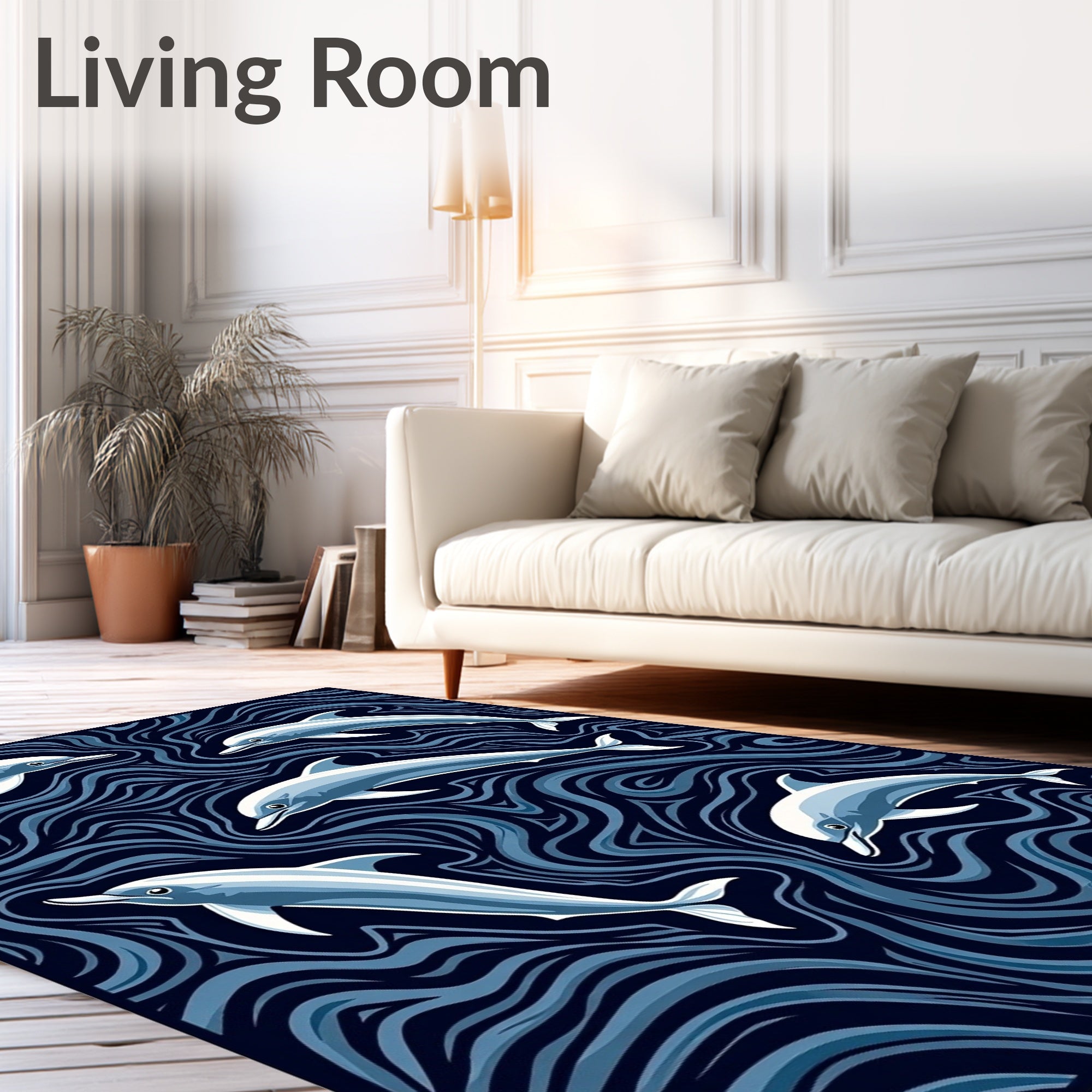 Ocean Dolphins Swirling Navy Waves Rug