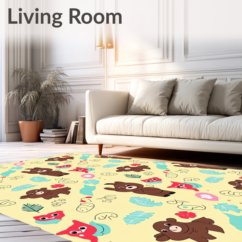 Whimsical Bear Red Cat Foliage Meadow Rug