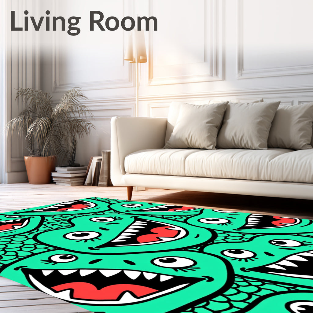 Silly Teal Monster Faces Grinning Wide Rug