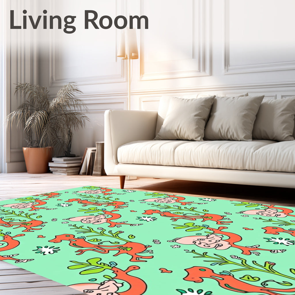 Whimsical Orange Figures Green Foliage Rug