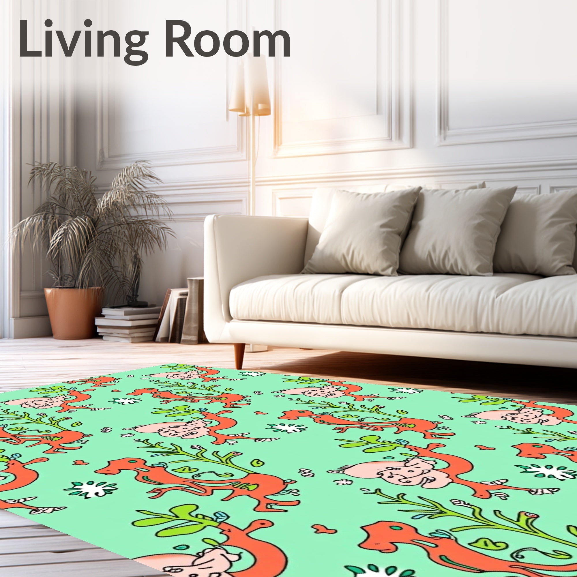 Whimsical Orange Figures Green Foliage Rug