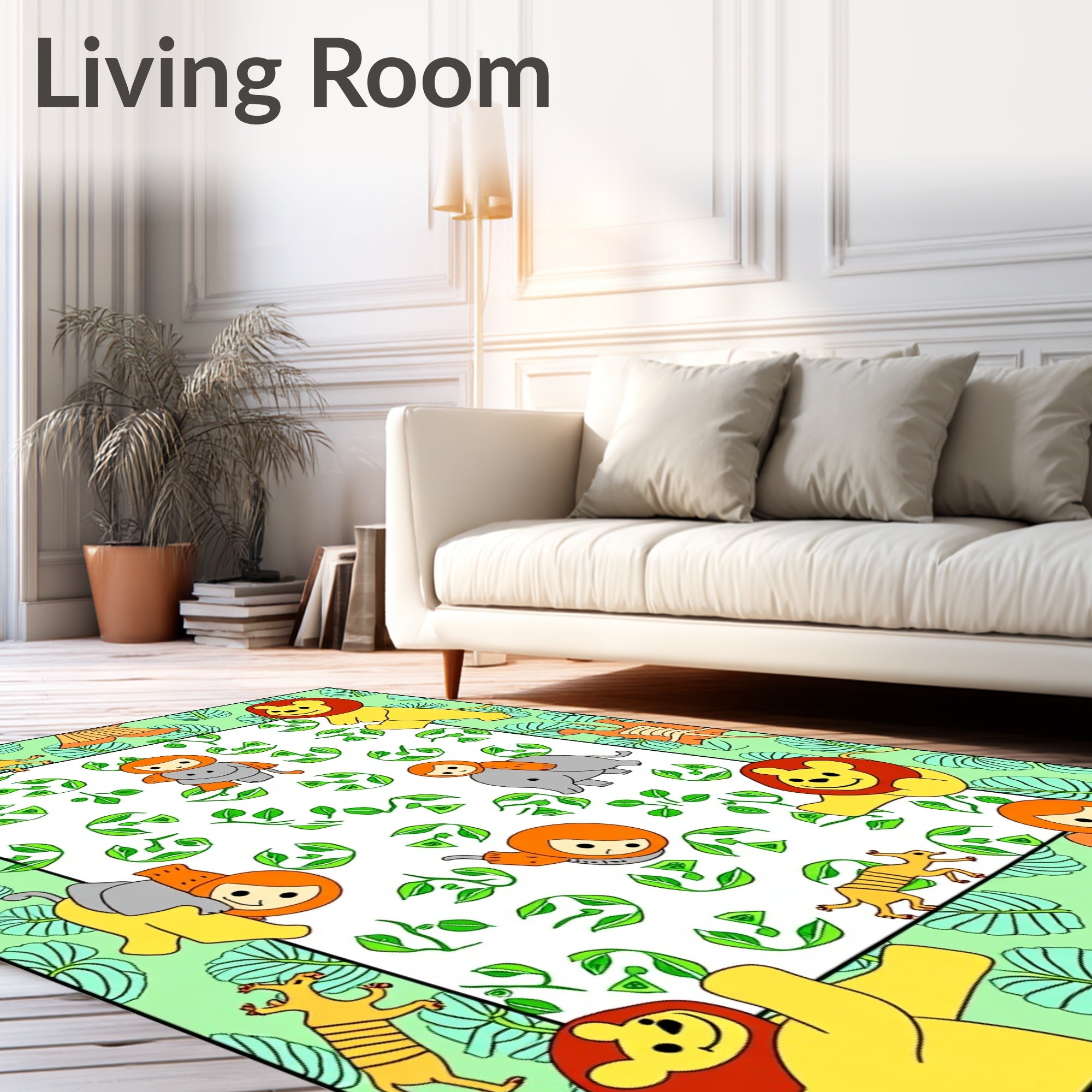 Playful Jungle Animals Green Leaf Border Rug