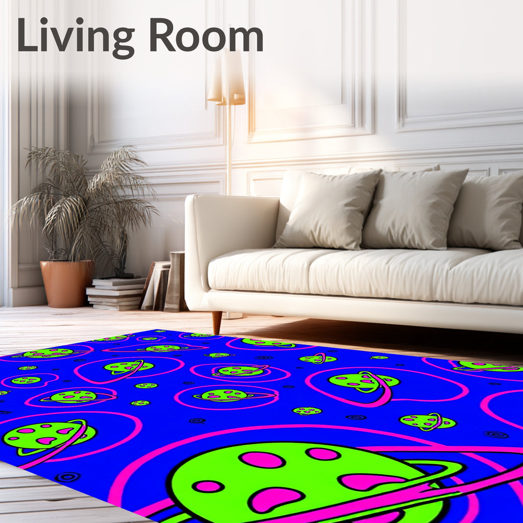 Vibrant Neon Galactic Ringed Planets Rug