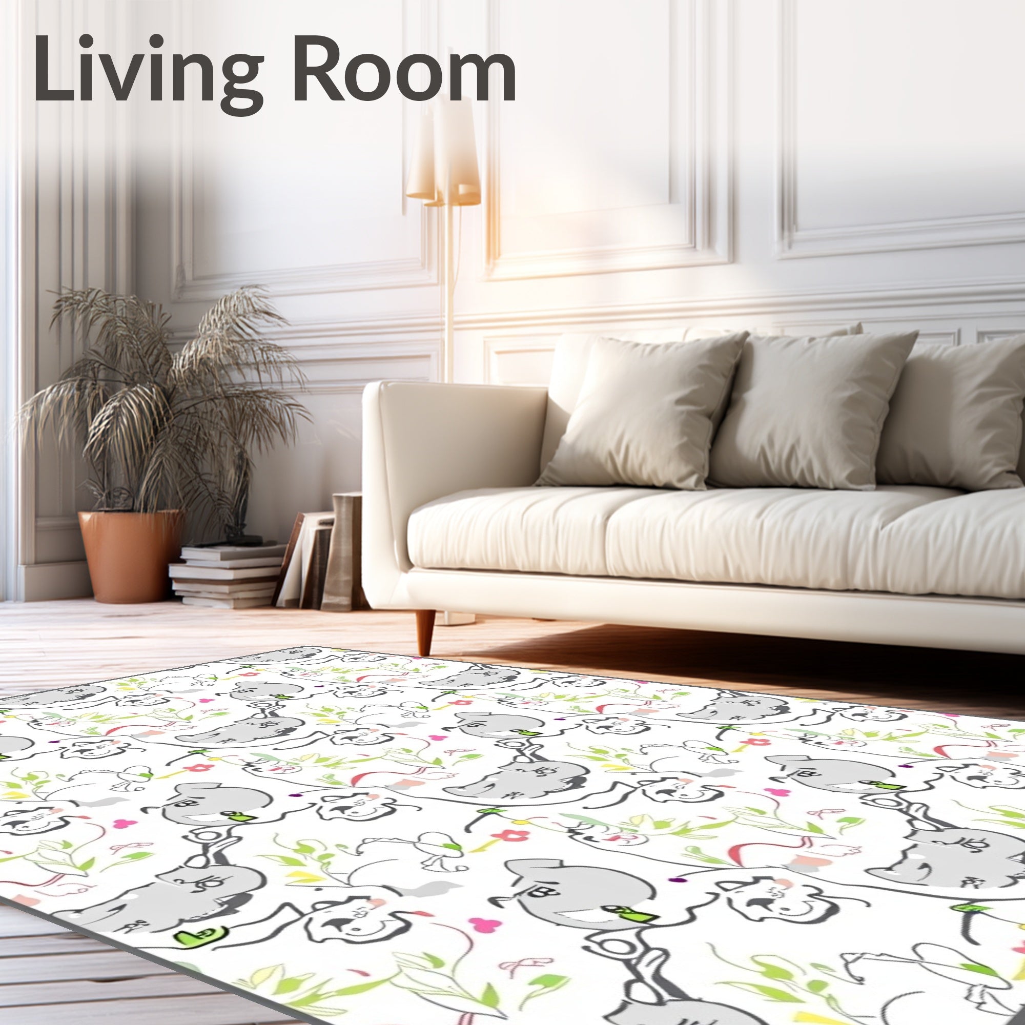 Whimsical Gray Hippo Floral Play Rug