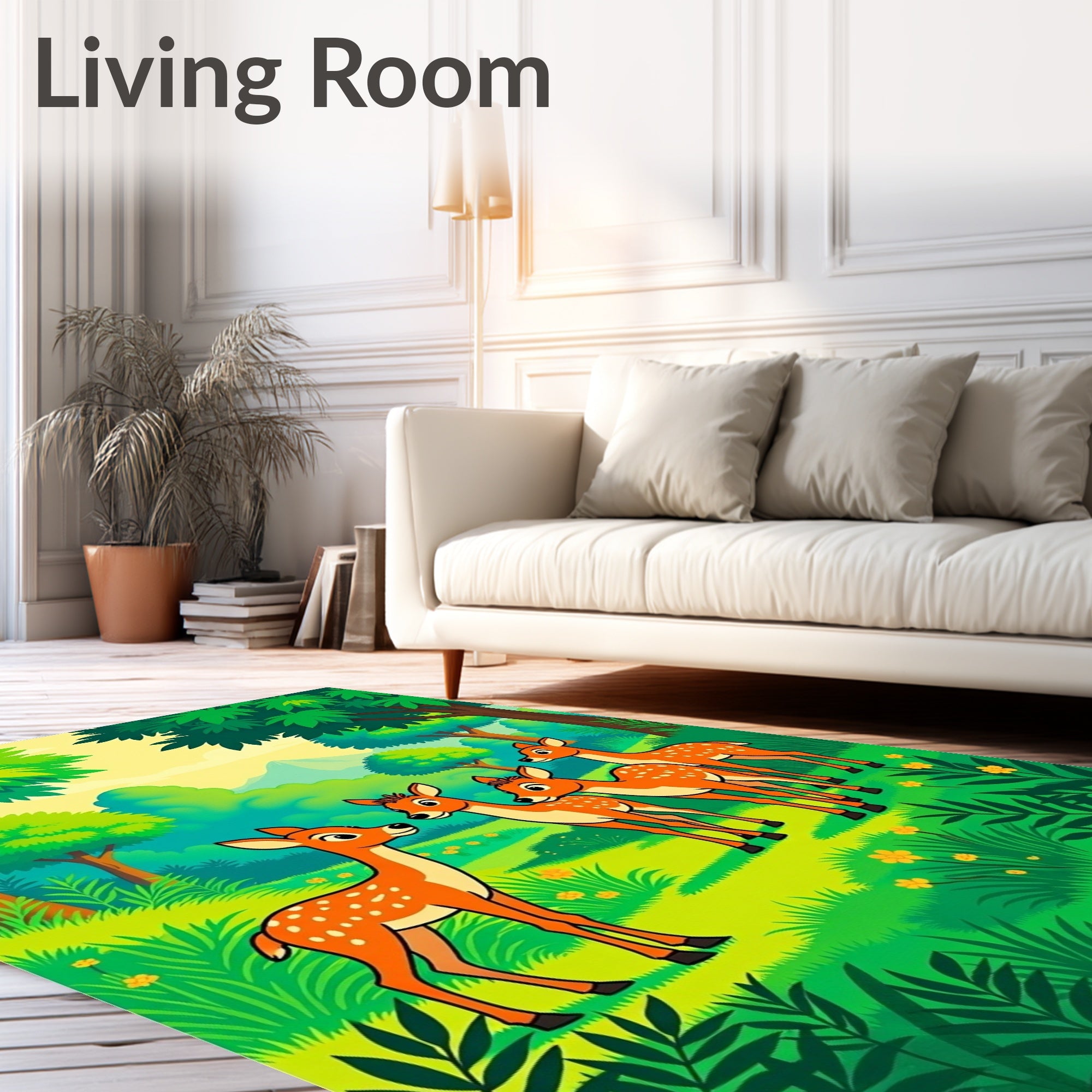 Whimsical Forest Deer Meadow Scene Rug