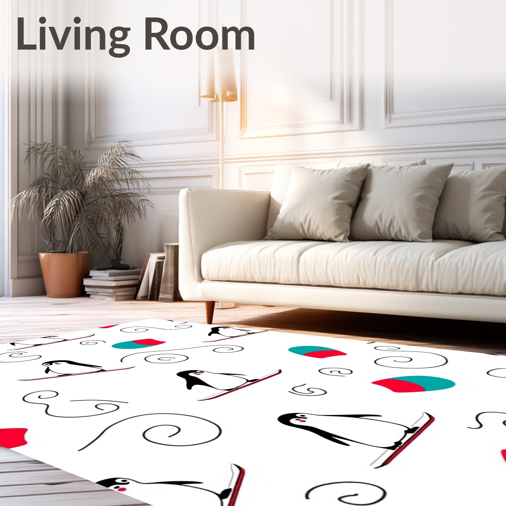 Cute Penguin Snowboarding Red Turquoise Swirls Rug