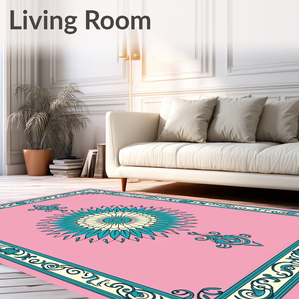 Pink Teal Cream Floral Medallion Border Rug