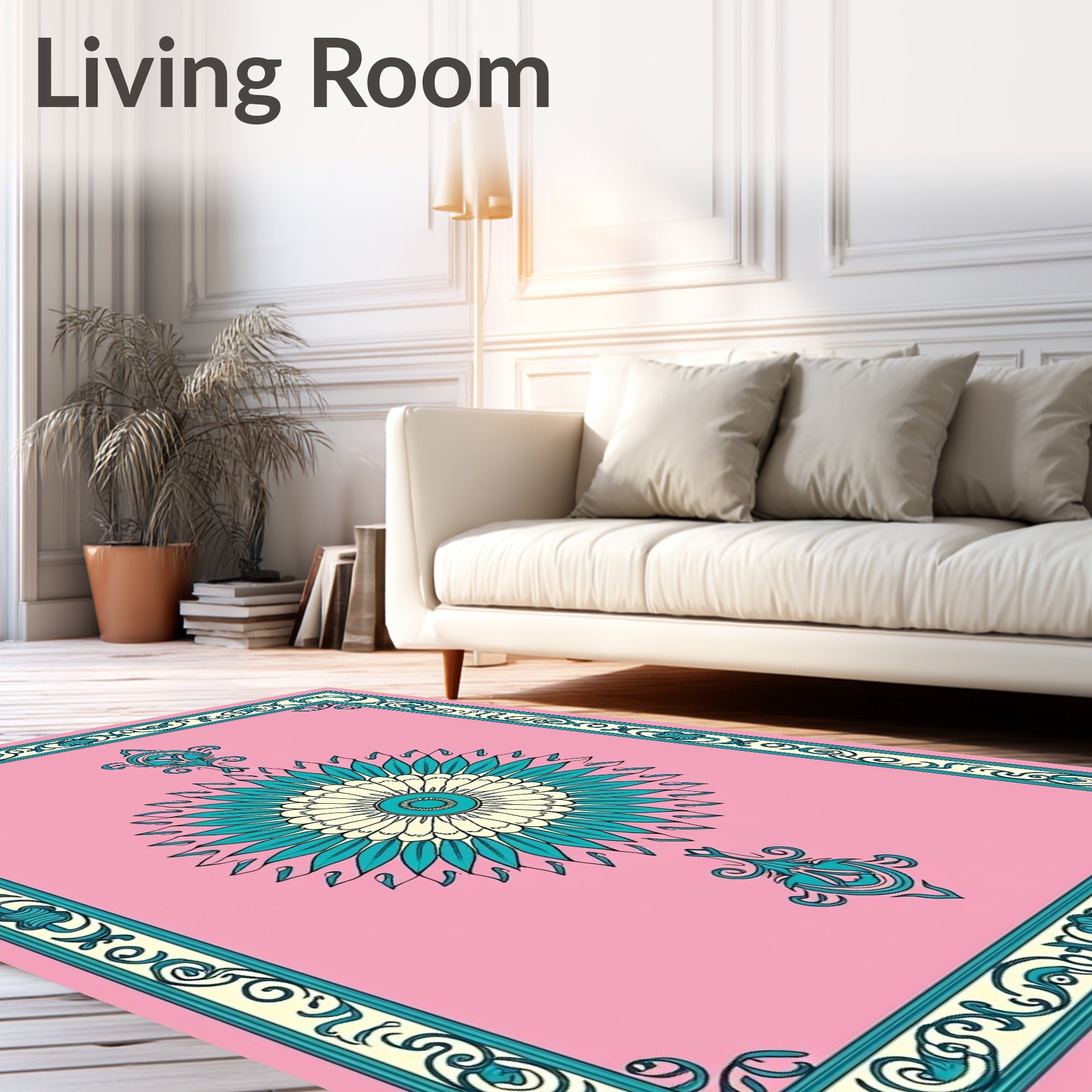 Pink Teal Cream Floral Medallion Border Rug