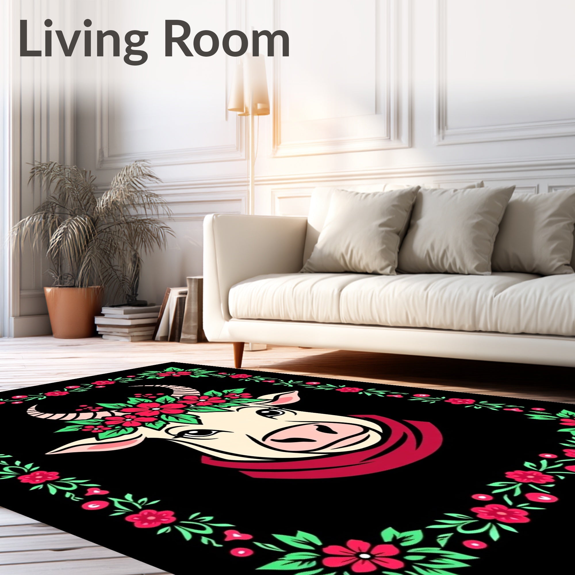 Cream Cow Floral Garland Border Rug