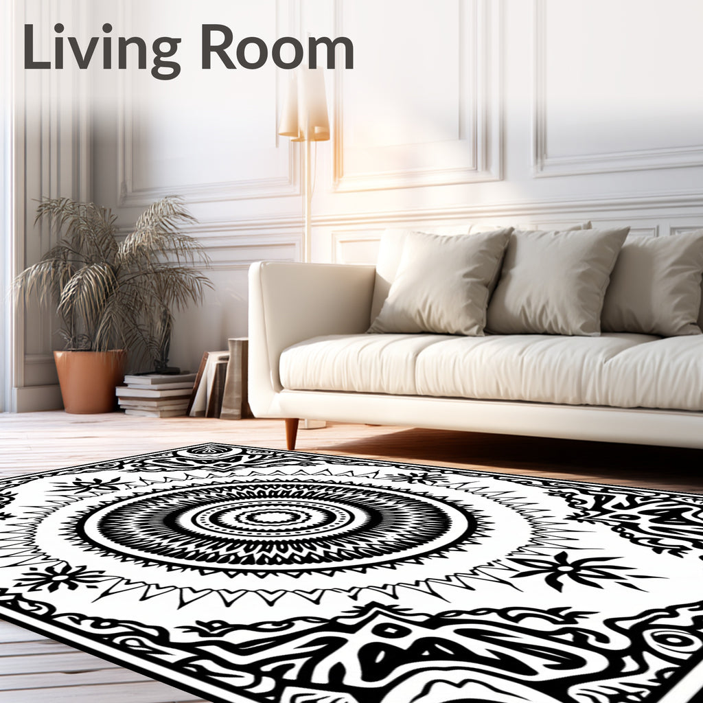 Bold Black Mandala Sunburst Design Rug