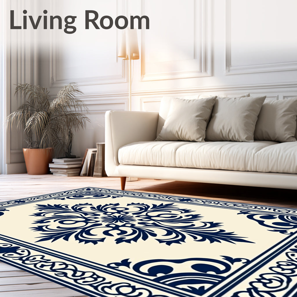 Navy Blue Damask Medallion Cream Rug