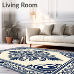 Navy Blue Damask Medallion Cream Rug