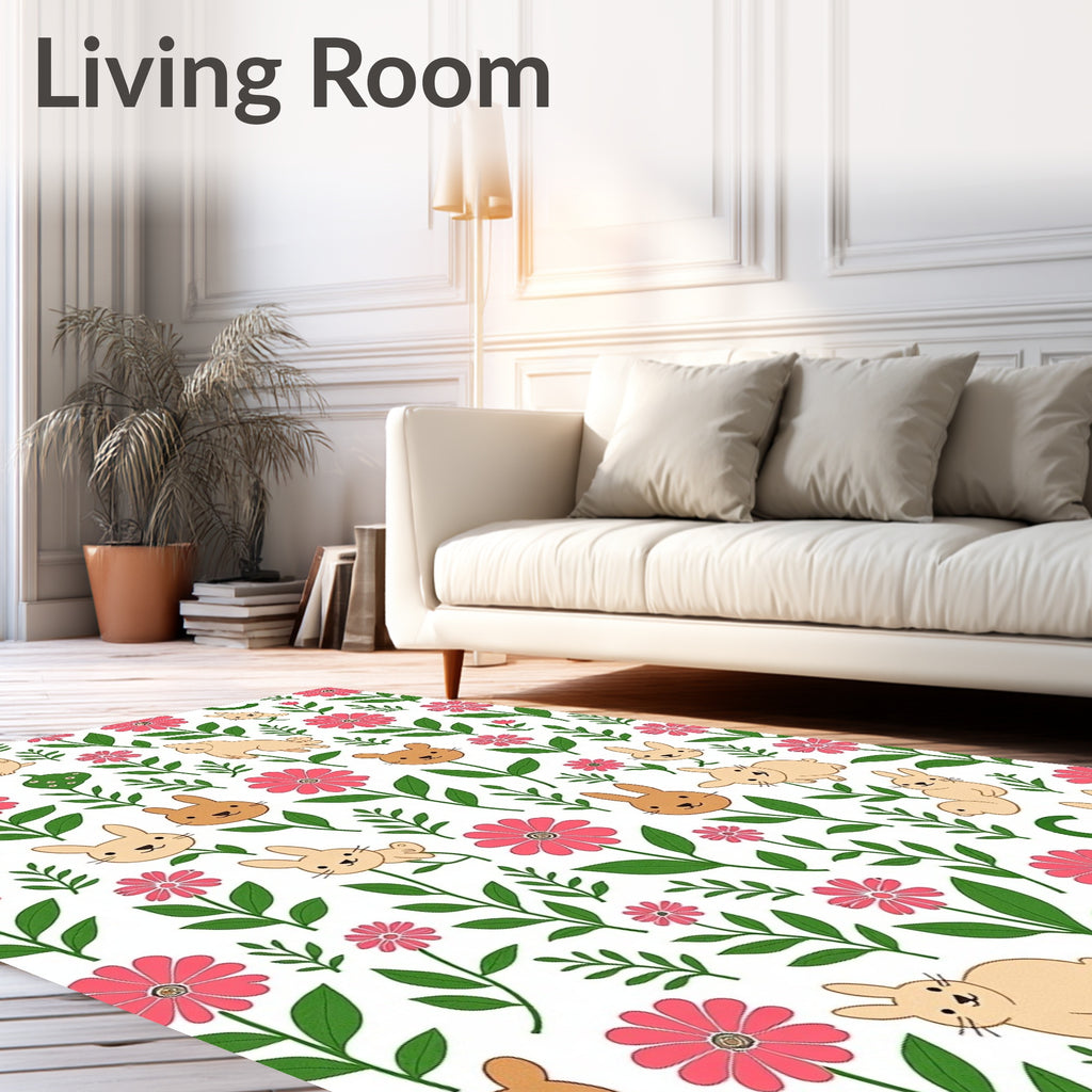 Cheerful Pink Floral Bunny Meadow Rug