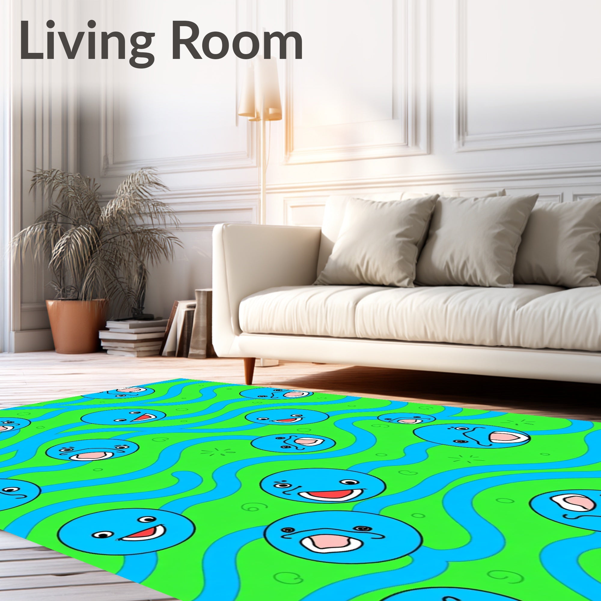Whimsical Blue Faces Wavy Green Background Rug
