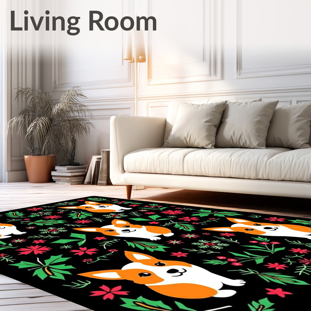 Whimsical Corgi Floral Garland Repeating Art Rug